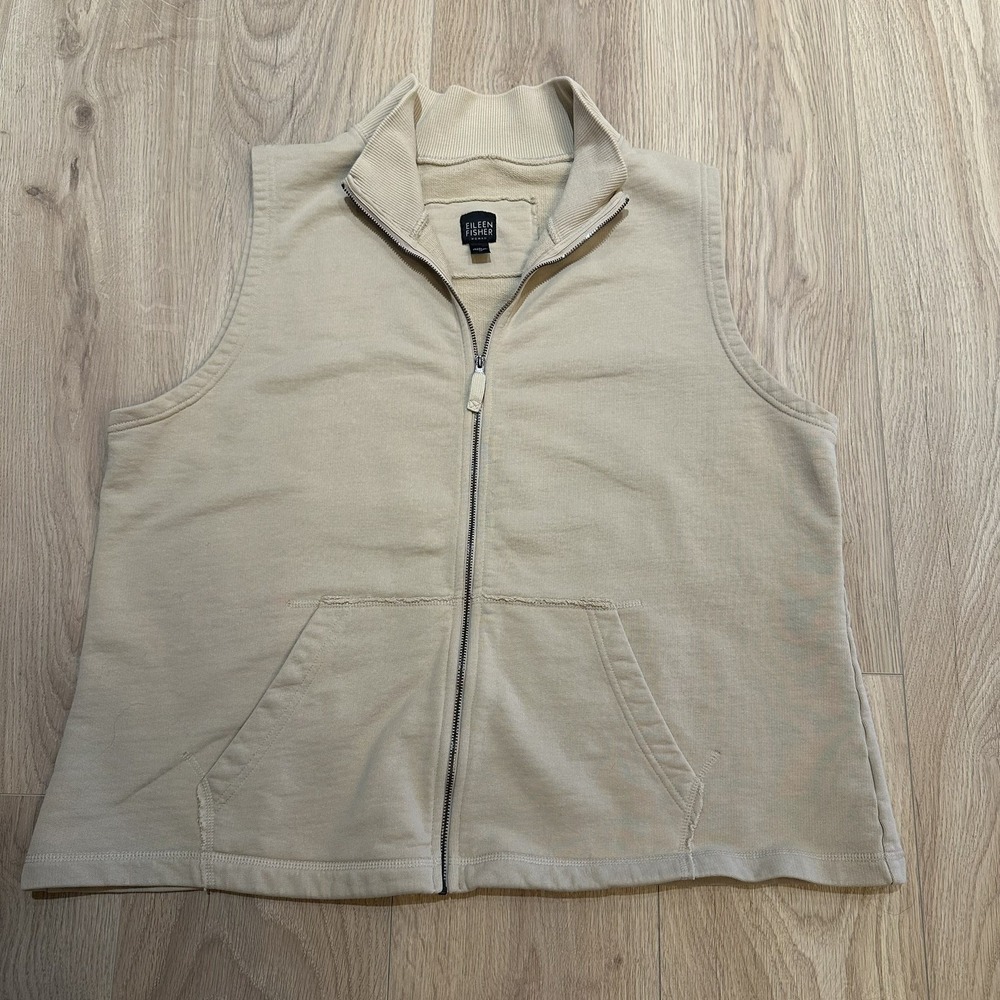 EILEEN FISHER Vest Plus Size 1X Organic Cotton French Terry Full Zip Beige‎ EUC!